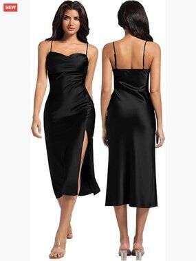 Satin Midi Dress Spaghetti Strap Formal Cocktail Evening Party